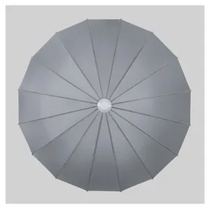 Top view of a large 16-rib gray windproof umbrella showing its canopy structure