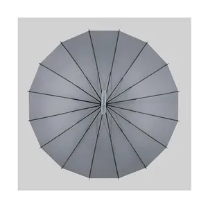 Top-down view of a 16-rib grey umbrella showing sturdy structure and large canopy