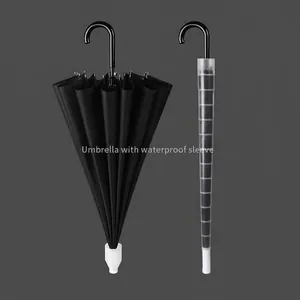 Windproof 16 Ribs Automatic Long Handle Straight Umbrella With Telescopic Waterproof Case Large Sun Protection Pongee Umbrella