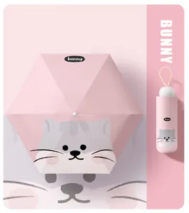 Close-up of pink mini portable UV umbrella featuring a cute cartoon cat design