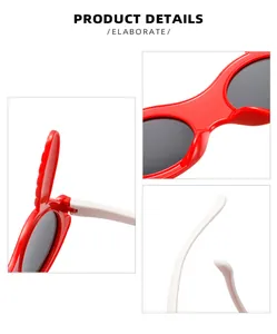 Detailansichten der roten Kaninchen-Kinder-Sonnenbrille mit Scharnieren und weißen Bügeln