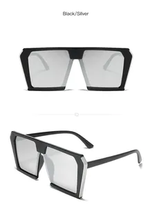 Vorder- und Seitenansicht einer großen schwarzen quadratischen Sonnenbrille mit Silber.