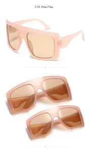 Three views of oversized children's square sunglasses with pink frames and tea lenses