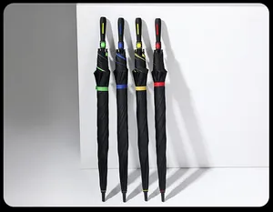 A professional display of four windproof long-handled umbrellas with colorful trim accents