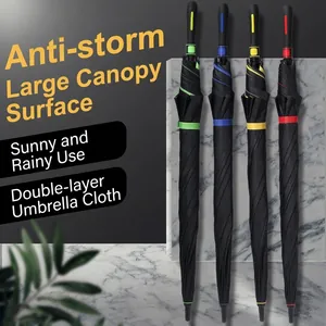 Heavy-duty windproof long-handle umbrellas with double-layer canopy in four accent colors