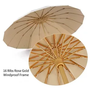 Professional large 16-rib windproof umbrella with rose gold frame in elegant beige