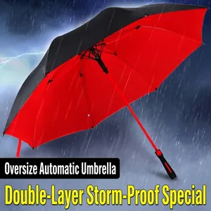Large double layer windproof straight long handle umbrella with black and red canopy