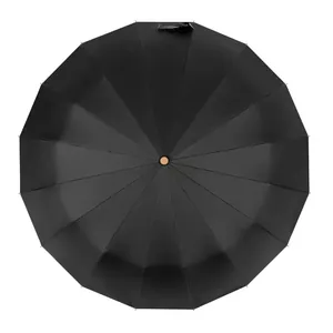 Large 16-rib windproof folding black umbrella with UV protection sun and rain use