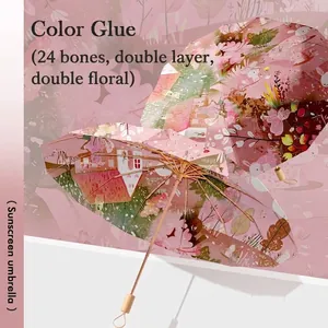 New Chinese Style 24 Ribs Sunscreen Umbrella Reinforced Large Foldable UV Protection Sun And Rain Umbrella Wood Handle