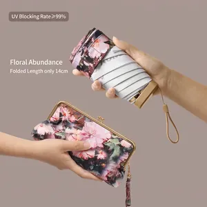 Mini Portable Folding Sun Umbrella For Women UV Protection Floral Print Light Travel Rain Parasol With Pouch