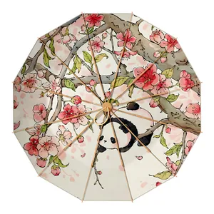 Chinese style 24-rib sun umbrella featuring hand-painted panda and peach blossom pattern