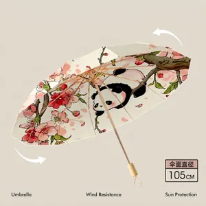 New Chinese style folding umbrella with panda and floral art, 24-rib wind resistance