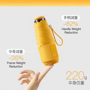 Ultra-lightweight 220g yellow 5-fold sun and rain umbrella for UV protection and travel