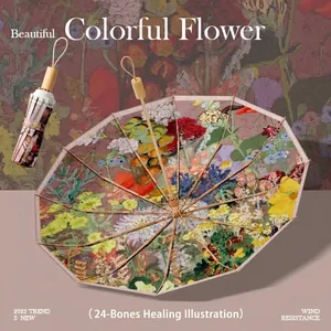 Sturdy 24-rib umbrella with artistic floral oil painting pattern for sun and rain