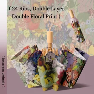 Artistic 24-rib double-layer folding umbrella with floral oil painting pattern