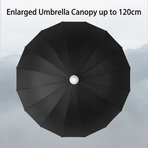 Large black 16-rib windproof umbrella with 120cm diameter canopy for rain or sun.