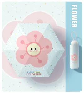 Close-up of mini UV umbrella with cute flower pattern and matching capsule case