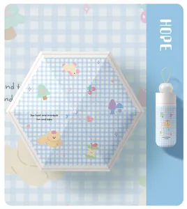 Detail of blue gingham mini umbrella featuring cute bear and tree illustrations.