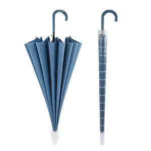 Large 16-rib windproof long-handle automatic blue umbrella for sun and rain protection
