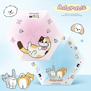 Mini capsule five-fold sun umbrella featuring cute cartoon cat and dog prints for women