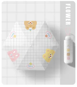 Compact 5-fold mini sun umbrella featuring cute cartoon animals and a white grid pattern