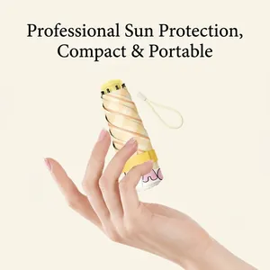 Compact 5-fold capsule sun umbrella with yellow plaid pattern for UV protection