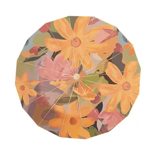 Retro 16-rib floral sun umbrella featuring a vibrant large yellow flower art print