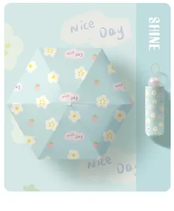 Five-fold mini capsule umbrella with light blue floral strawberry pattern and case