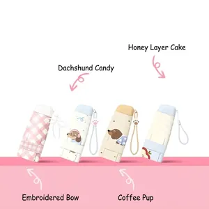 Compact portable five-fold mini parasol with cute dog and plaid patterns for women