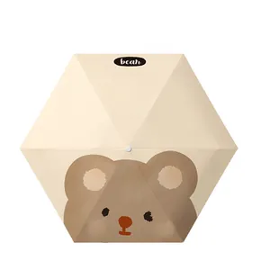 Compact UV protection 5-fold mini umbrella featuring a cute cartoon bear pattern