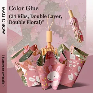 Pink floral 24-rib double-layer sun umbrella with cute bunny design