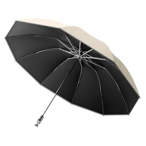 Extra-large fully automatic folding umbrella with beige exterior and black UV lining
