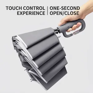 Premium automatic reverse folding umbrella with combination lock ring handle gray