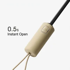 Detail of a minimalist beige automatic umbrella handle with a functional one-click button