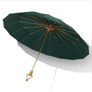 Élégant parapluie pliant à 16 baleines vert foncé avec manche en bois soleil pluie