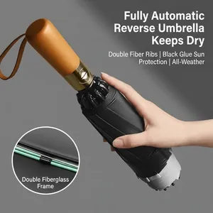 20 Ribs Fully Automatic Reverse Umbrella With Solid Wood Handle Reflective Strip Windproof Sunshade Large Folding Parasol UPF50 For Car