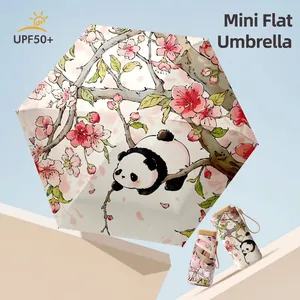 Mini six-fold sun umbrella with panda and cherry blossom print, UV protection UPF50+