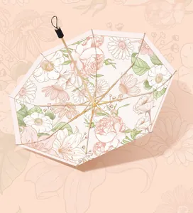 Detalle de un paraguas floral vintage con una estructura dorada resistente de 16 varillas