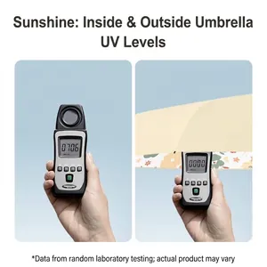 Folding UV protection sun umbrella with floral pattern showing UV meter test results