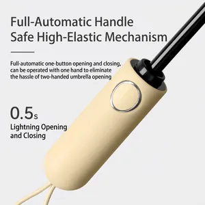 Detail view of the automatic one-button handle for a sturdy folding travel umbrella.