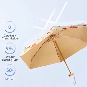 Portable floral sun umbrella with UPF 50+ protection and compact five-fold design.