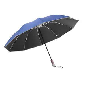 Large automatic folding umbrella with blue and black double-layer canopy for sun and rain