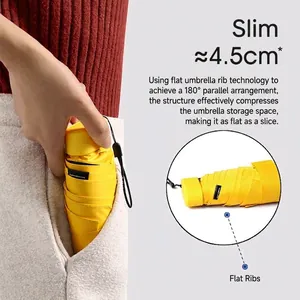 Mini paraguas plegable amarillo ultrafino, 4,5 cm de grosor para sol y lluvia