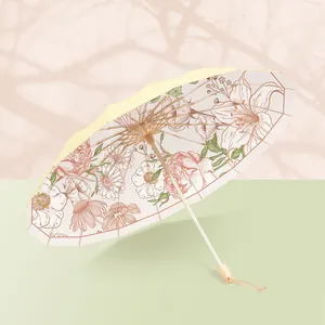 Elegante paraguas plegable vintage de 16 varillas con artísticos estampados flores