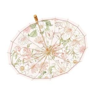 Paraguas plegable vintage de 16 varillas con elegante estampado floral, resistente al viento.
