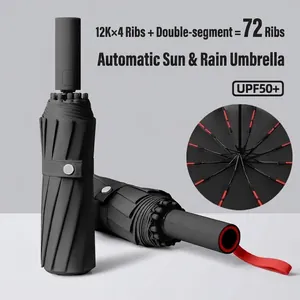 72 Ribs Automatic Folding Umbrella Large Windproof Sun Rain Umbrella UPF 50 Plus UV Protection Pongee Fabric Contrast Handle