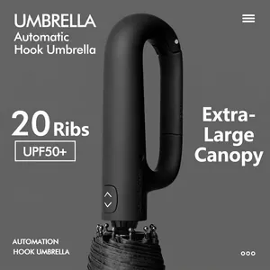 20-rib automatic folding umbrella with unique carabiner hook handle in matte black