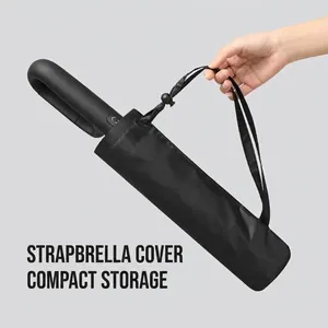 Portable black automatic umbrella in a convenient shoulder strap carrying case