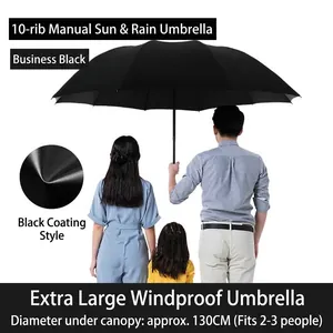 Parapluie pliant noir extra large et coupe-vent, diamètre 130 cm, pour 2 à 3 personnes.