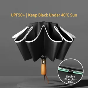 20-rib automatic reverse umbrella with reinforced fiberglass frame and solid wood handle.